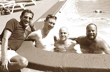 At the Villa Venice: manager Bryan with guests Bryan, Henry, and Jim