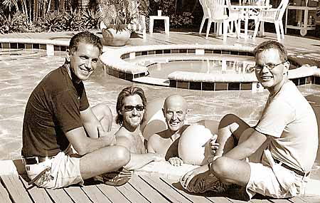 At the now-expanding Coral Reef Guesthouse, Fort Lauderdale: owners Frank and Jeff, with seven-time UK vsitor Andrew, and Housekeeping Manager Adam