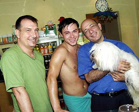 Thierry, masseur Marcel, & Roger with Nico at Sunnyday, Basel