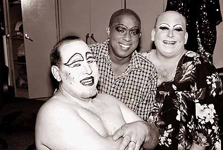 Half the Armorettes backstage before Burkhart's Sunday night show: Knomie Moore, Wild Cherry Sucret, & Amber Divine