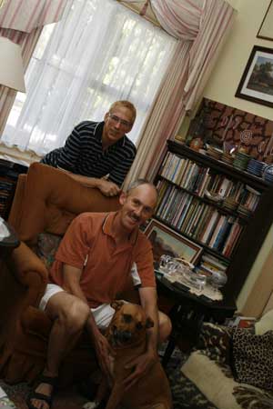 Tom and Philip with pet at Governors on Fitzroy, Sydney 